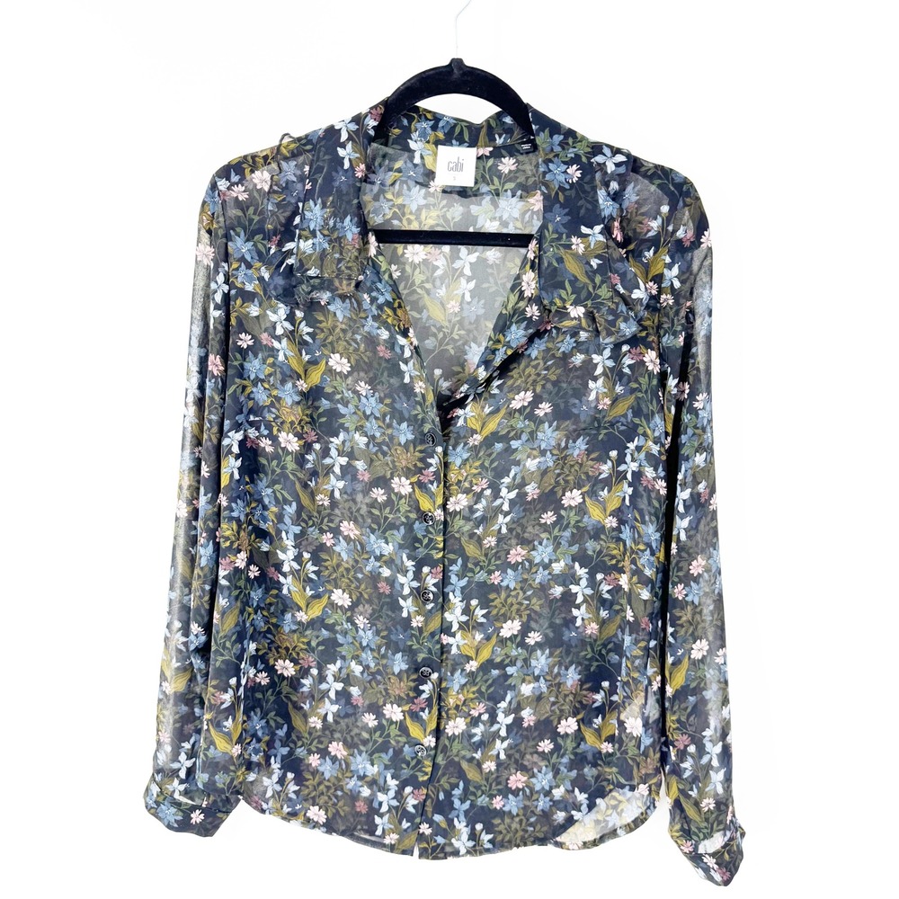 Sheer Floral Ruffle V-Neck Blouse Long Sleeve Wildflower Print Top Small 3593